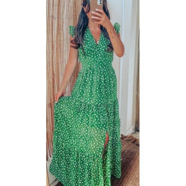 Elegant Green V-Neck Front Hem Slit Maxi Dress