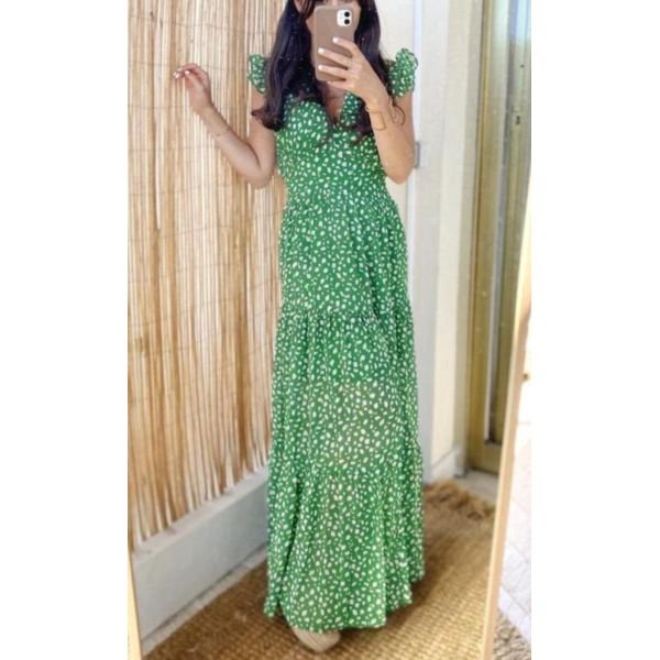 Elegant Green V-Neck Front Hem Slit Maxi Dress