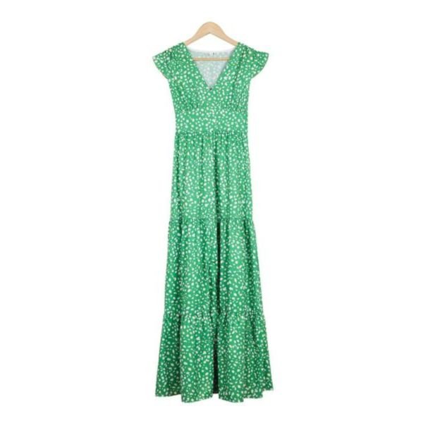 Elegant Green V-Neck Front Hem Slit Maxi Dress