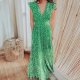 Elegant Green V-Neck Front Hem Slit Maxi Dress