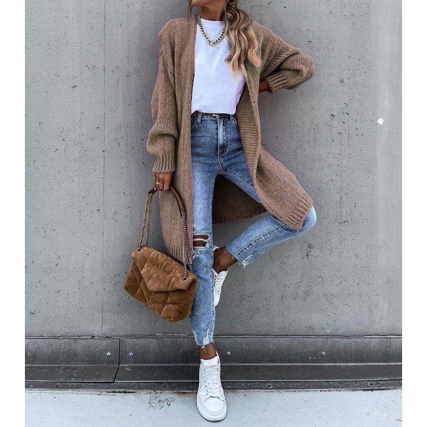 Basic Khaki Plain Open Front Cardigan