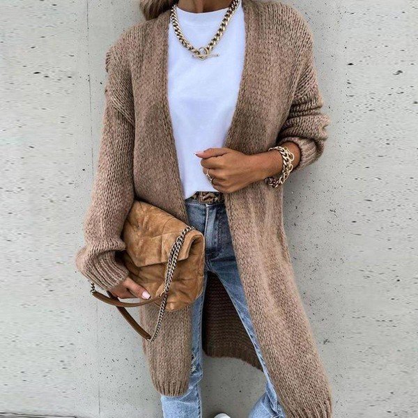 Basic Khaki Plain Open Front Cardigan